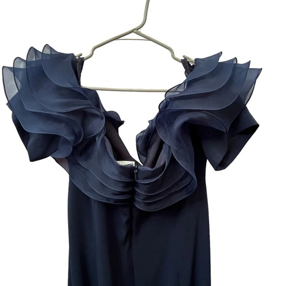 Alexander by Daymor Navy Blue Ruffled Off The Shoulder Sheath Dress 1257 Size 16 - Picture 9 of 16